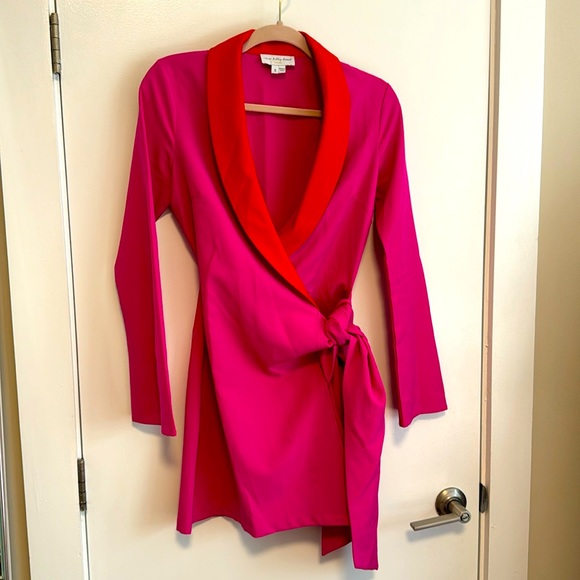 Never Fully Dressed pink red blazer dress wrap low cut s barbiecore - Picture 2 of 5